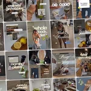 Op de afbeelding: Een collage van afbeeldingen met tekstoverlays over wellness, fitness en lifestyle. De afbeeldingen bevatten tekst zoals "wellness girl hobbies", "whole foods diet?", "morning pilates" en "after gym vlog".