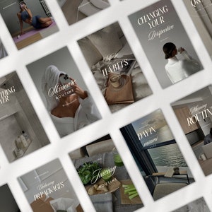 Op de afbeelding: Een collage van 12 Instagram-story-sjablonen met verschillende lifestyle-thema's, waaronder huidverzorging, ochtendroutine, sappen en reizen. Elk sjabloon heeft een minimalistisch ontwerp met witte tekst op een neutrale achtergrond.