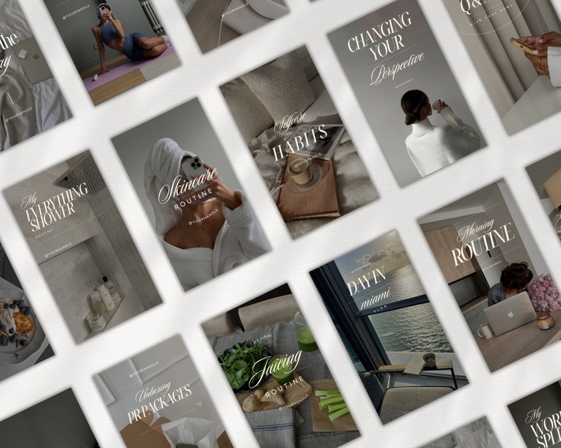 Op de afbeelding: Een collage van 12 Instagram-story-sjablonen met verschillende lifestyle-thema's, waaronder huidverzorging, ochtendroutine, sappen en reizen. Elk sjabloon heeft een minimalistisch ontwerp met witte tekst op een neutrale achtergrond.