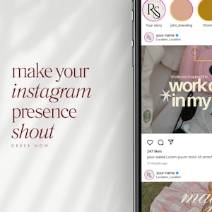 Puede incluir: Una pantalla de smartphone que muestra una interfaz de perfil de Instagram con una publicaci&oacute;n que incluye una c&aacute;mara rosa y el texto "work day in my life". A la izquierda, el texto "make your instagram presence shout" y "ORDER NOW" en blanco.