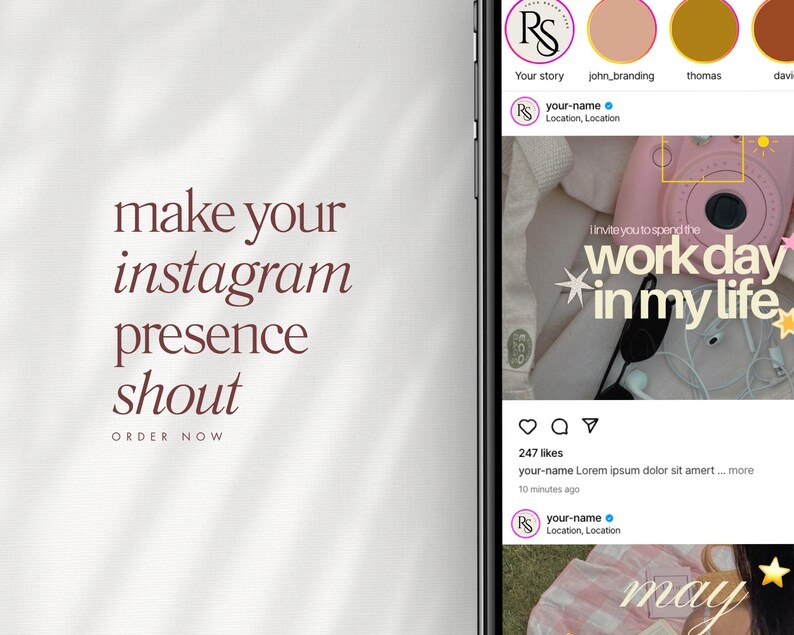 Puede incluir: Una pantalla de smartphone que muestra una interfaz de perfil de Instagram con una publicaci&oacute;n que incluye una c&aacute;mara rosa y el texto "work day in my life". A la izquierda, el texto "make your instagram presence shout" y "ORDER NOW" en blanco.