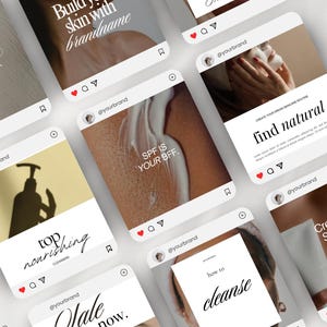 May include: A collection of Instagram posts about skincare with the text "Build your skin with brandname", "SPF is your BFF", "How to cleanse", "Top nourishing", "Create your dream skincare routine, find natural", and "Creating a skincare routine? Let us help".