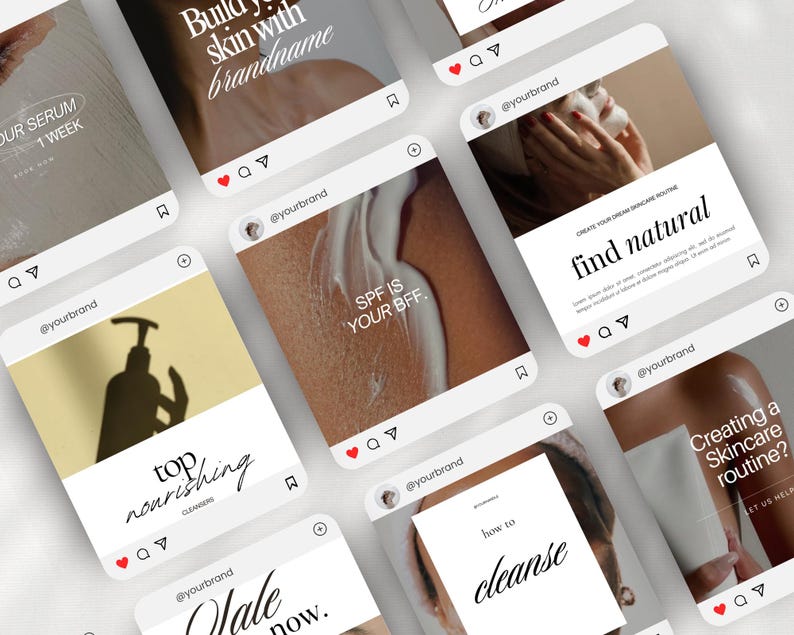 May include: A collection of Instagram posts about skincare with the text "Build your skin with brandname", "SPF is your BFF", "How to cleanse", "Top nourishing", "Create your dream skincare routine, find natural", and "Creating a skincare routine? Let us help".