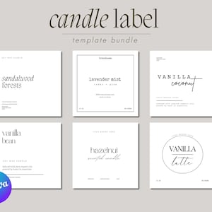 Könnte beinhalten: Sechs minimalistische Kerzen-Etikettenvorlagen mit weißem Hintergrund und schwarzem Text. Die Etiketten zeigen verschiedene Düfte, darunter Sandelholz-Wälder, Lavendelnebel, Vanillebohne, Vanille-Kokosnuss, Haselnuss-Duftkerze und Vanille-Latte.