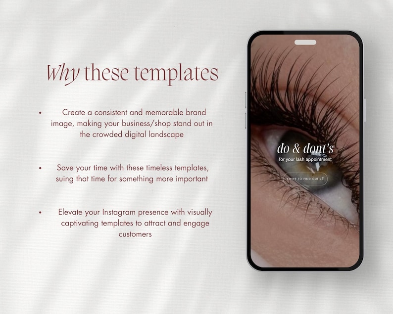 May include: A mobile phone screen displaying a lash appointment template with the text "do & don't's for your lash appointment".
