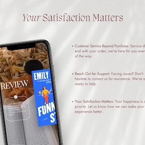 May include: A smartphone displays a book review with the title "Emily" and the words "Fun Stories." The image includes text: "Your Satisfaction Matters" and customer service information.