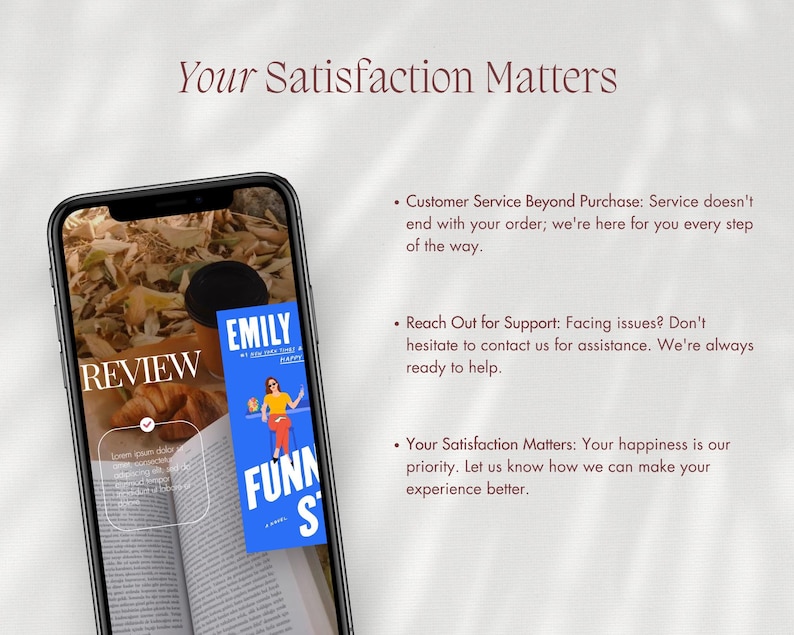 May include: A smartphone displays a book review with the title "Emily" and the words "Fun Stories." The image includes text: "Your Satisfaction Matters" and customer service information.