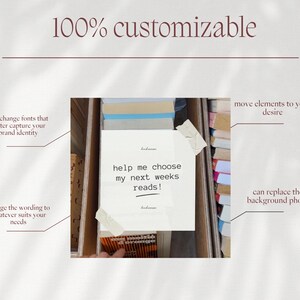 May include: A white card with the text "help me choose my next weeks reads!" is taped to a stack of books. The image also includes the text "100% customizable" and other text describing customization options.