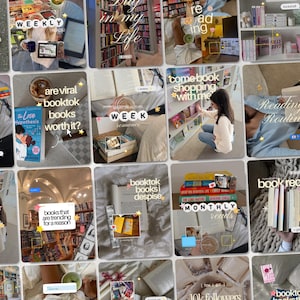 May include: A collage of multiple images featuring books, bookshelves, and reading environments with various text overlays including Weekly Reads, Booktok, and Reading Routine, showcasing a collection of literary content and lifestyle scenes.