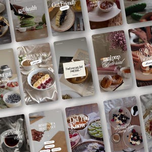 May include: A collection of images with text related to gut health and healthy eating. The images feature various foods like pancakes, fruit, and coffee, along with text overlays such as "Gut Friendly Foods" and "Morning Routine for Healthy Gut."