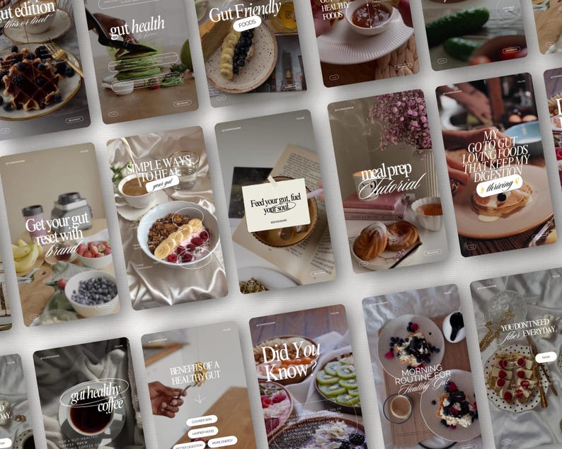 May include: A collection of images with text related to gut health and healthy eating. The images feature various foods like pancakes, fruit, and coffee, along with text overlays such as "Gut Friendly Foods" and "Morning Routine for Healthy Gut."
