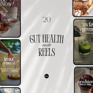 Puede incluir: Un collage de 20 ideas de carretes de Instagram para la salud intestinal. Los carretes presentan imágenes de comida, bebidas y superposiciones de texto. El texto incluye "Gut Health Insta Reels", "My Fav Greens", "Lemon Water" y "Gut Edition This or That".