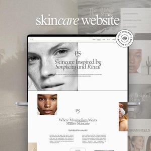May include: A laptop displays a skincare website with a minimalist design. The website features the text "Skincare Inspired by Simplicity and Ritual" and "Where Minimalism Meets Modern Skincare." The website also includes images of faces and a logo that says "Built to Elevate."