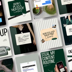 Op de afbeelding: Een collage van digitale contentkaarten met tekst en afbeeldingen. De kaarten bevatten zinnen als "How I Plan a Month of Content", "The Truth About Posting Every Single Day" en "Steal My Content Routine". Het kleurenschema omvat wit, groen en beige.