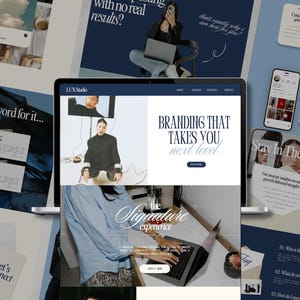 May include: A laptop screen showing a website with the headline "BRANDING THAT TAKES YOU next level." The image includes digital mockups of social media posts, phone screens, and cards with text such as "Stay In The Loop" and "Let's Connect."