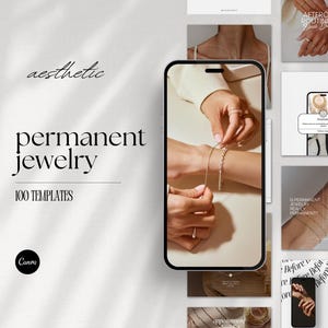 May include: A collection of 100 social media templates for promoting permanent jewelry. The templates feature a minimalist aesthetic with black text on a white background. The text includes the words "aesthetic", "permanent jewelry", and "100 templates".