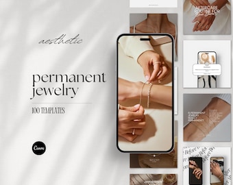 May include: A collection of 100 social media templates for promoting permanent jewelry. The templates feature a minimalist aesthetic with black text on a white background. The text includes the words "aesthetic", "permanent jewelry", and "100 templates".