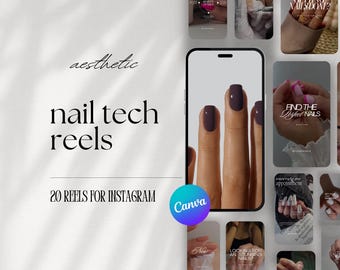 Op de afbeelding: Een verzameling van 20 Instagram Reels voor nagelstylisten, met afbeeldingen van gemanicuurde nagels, nagelkunst en tekstoverlays. De Reels zijn ontworpen om esthetisch aantrekkelijk en boeiend te zijn, en ze zijn perfect om je nagelbedrijf te promoten.