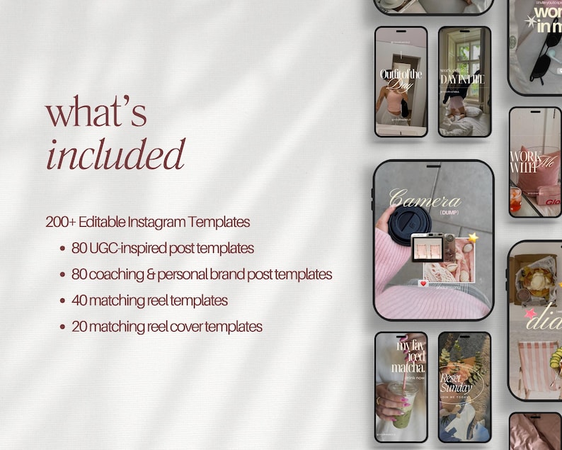 Puede incluir: Una colecci&oacute;n digital de m&aacute;s de 200 plantillas editables para Instagram que incluye 80 plantillas de publicaciones inspiradas en UGC, 80 plantillas de coaching y marca personal, 40 plantillas de reels y 20 portadas de reels con texto.