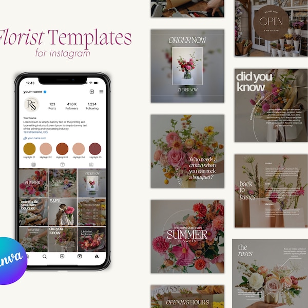 Florist Business Instagram Templates, Florist Social Media, Editable Flower Shop Instagram Canva Templates, Wedding Florist Template,