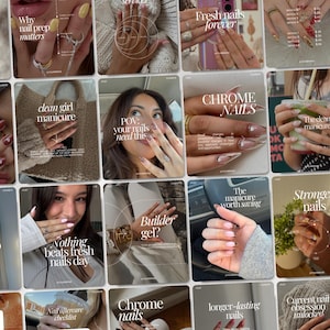 Könnte beinhalten: Ein Raster aus Social-Media-Beiträgen mit verschiedenen Maniküren, Nagelkunst-Designs und lehrreichen Texteinblendungen zur Nagelpflege, darunter Themen wie Chrom-Nägel und Aufbaugel, dargestellt in einem Collage-Format.