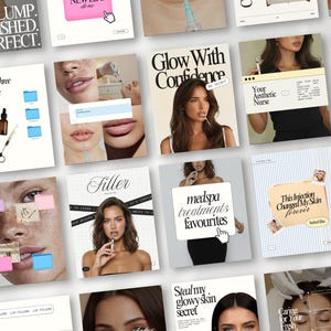 Op de afbeelding: Een verzameling promotiemateriaal voor esthetische behandelingen. De afbeeldingen bevatten tekst als "PLUMP. POLISHED. PERFECT.", "Glow With Confidence" en "Filler". Er worden ook cosmetische tools en procedures getoond.