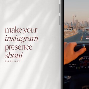 May include: A white background with the text "make your instagram presence shout" and the words "ORDER NOW" below. On the right side of the image is a smartphone displaying a photo of a person driving a car on a road with a city skyline in the background.