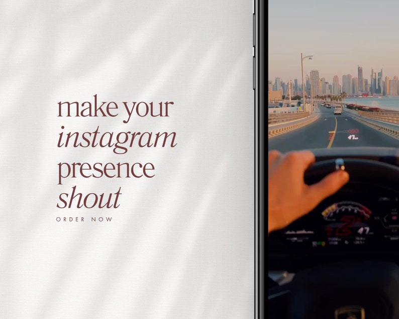 May include: A white background with the text "make your instagram presence shout" and the words "ORDER NOW" below. On the right side of the image is a smartphone displaying a photo of a person driving a car on a road with a city skyline in the background.
