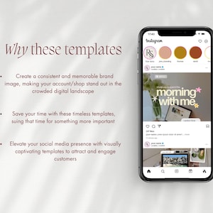 May include: A smartphone displays an Instagram interface with a social media template. The screen shows a post with the text "moming with me." The image also includes text that reads "Why these templates" and bullet points describing the benefits of using the templates.