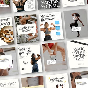 May include: A collection of fitness-themed digital graphics with text overlays. The graphics feature images of people exercising, along with text such as "The secret to growing glutes" and "Steal my gym split."
