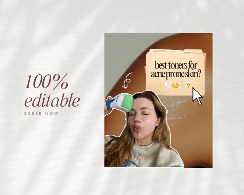 May include: A digital graphic featuring the text 100% editable and order now. It displays a person using a blue and green facial ice roller on their face, with a digital folder icon containing the text best toners for acne prone skin? and emojis.