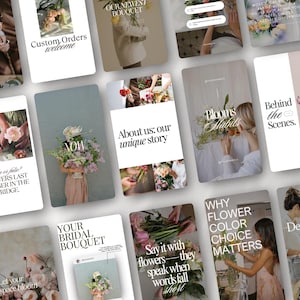 May include: A series of social media posts promoting floral arrangements and bouquets. The posts include text such as "Custom Orders Welcome," "Your Bridal Bouquet," and "Why Flower Color Choice Matters." The images showcase various flower arrangements.
