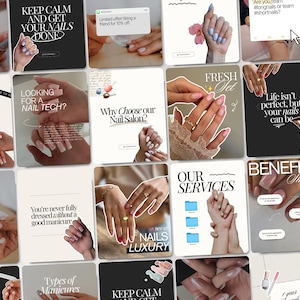 May include: A collage of images showcasing various nail designs and salon services. The images feature manicured hands with different nail shapes, colors, and embellishments. Text overlays include phrases like "Keep Calm and Get Your Nails Done" and "Fresh Set."