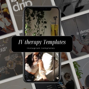 Puede incluir: Un collage de plantillas de historias de Instagram para empresas de terapia intravenosa. Las plantillas incluyen fotos de personas que reciben terapia intravenosa, texto sobre los beneficios de la terapia intravenosa y un horario de citas. El texto en las plantillas incluye "Plantillas de terapia intravenosa", "Beneficios de la infusión intravenosa", "Atención posterior a la terapia intravenosa" y "¿Qué es NAD?"