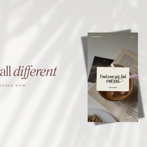 May include: A light background with the words "all different" in a burgundy script. A second image shows a stack of papers with a small bowl and a card that reads "Feed your gut, fuel your soul."