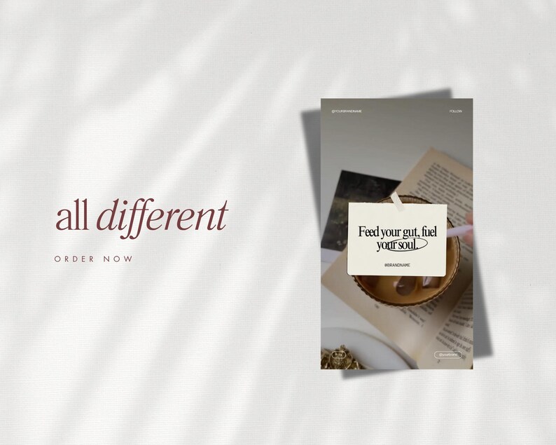 May include: A light background with the words "all different" in a burgundy script. A second image shows a stack of papers with a small bowl and a card that reads "Feed your gut, fuel your soul."