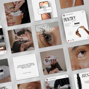 May include: A collection of social media posts promoting lash extension services. The posts feature images of eyes with lashes, tools, and text that says "Get your dream job now", "Unlock your dream job with our courses", "Want to become a professional lash artist?", "Practice matters", "Skills to learn", "Lashes on fleek", and "Result".