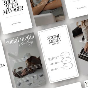 May include: A set of four social media marketing templates with black text on a white background. The templates include the titles "Social Media Manager", "Social Media Strategy", "Social Media Marketing", and "Content is King - But Engagement is Queen!" The templates feature a Venn diagram, a laptop, and a person working on a laptop.