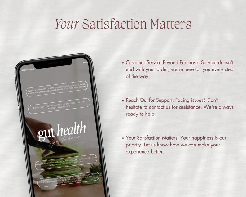 May include: A smartphone displays the words "gut health" in white script. The screen shows text about gut health, including "Include a variety of fruits, vegetables, whole grains and fermented foods to promote a diverse microbiome."