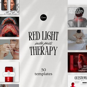 Modelli di post per Instagram sulla terapia con luce rossa, social media per la cura della pelle, terapia di bellezza a LED, modello per trattamenti viso, estetista, post su Canva