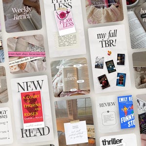 Puede incluir: Un collage de im&aacute;genes relacionadas con libros, que incluyen libros abiertos, portadas de libros y superposiciones de texto. El texto incluye "Weekly Reviews", "Flawless", "My Fall TBR!", "New", "A Court of Thorns and Roses" y "Review".