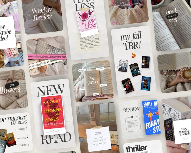 Puede incluir: Un collage de im&aacute;genes relacionadas con libros, que incluyen libros abiertos, portadas de libros y superposiciones de texto. El texto incluye "Weekly Reviews", "Flawless", "My Fall TBR!", "New", "A Court of Thorns and Roses" y "Review".