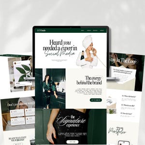 May include: A laptop and several printouts showcasing website designs. The laptop screen displays a website with the text "Heard you needed a expert in Social Media." Other printouts feature the text "The energy behind the brand" and "Stay In The Loop."