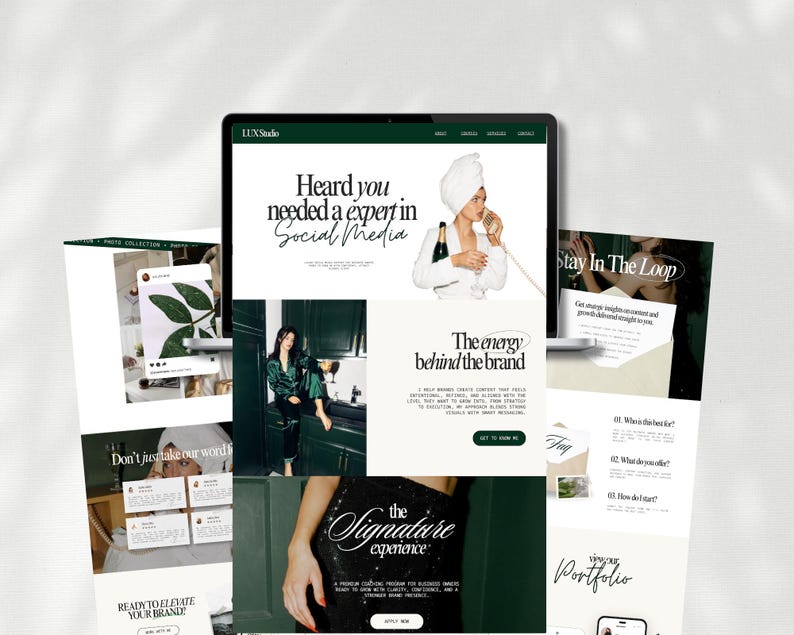 Dark green luxury Canva website template designed for social media managers, UGC creators, and content creators. 1-page landing page with portfolio, services, testimonials, and link in bio style layout. Fully editable, mobile optimized, beginner friendly, instant access.