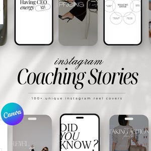 Peut inclure: Image de couvertures de reels Instagram Coaching Stories. Les couvertures présentent des designs minimalistes avec du texte tel que "Having CEO energy 101" et "Pricing". Le logo Canva est visible. L'esthétique générale est épurée et professionnelle.