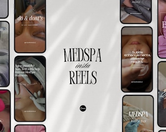 Puede incluir: Una imagen promocional para un MedSpa, con varias pantallas de teléfonos inteligentes que muestran texto e imágenes relacionadas con tratamientos cosméticos. El texto central dice "MEDSPA insta REELS". Las pantallas muestran primeros planos de procedimientos y texto como "do & dont's".