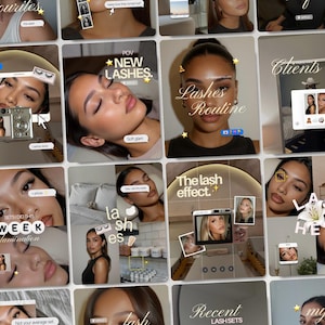 May include: A digital collage of social media posts featuring various close-up portraits of individuals with styled eyelashes, overlaid with text elements like NEW LASHES, Lashes Routine, The lash effect, and WEEK lamination, alongside small icons.