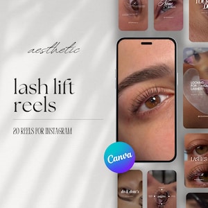 May include: A collection of 20 Instagram reels for lash lift services. The reels feature close-up images of eyes with lashes that have been lifted and curled. The text "aesthetic lash lift reels" and "20 reels for Instagram" are displayed on a white background.
