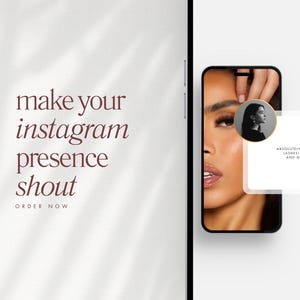 May include: A white background with a phone displaying a woman with long eyelashes. The phone is next to a white background with the text "make your instagram presence shout" and "ORDER NOW". The phone also displays a testimonial with five stars and the text "ABSOLUTELY OBSESSED WITH MY LASHES THEY'RE SO LIGHT AND NATURAL LOOKING. STOP ST"