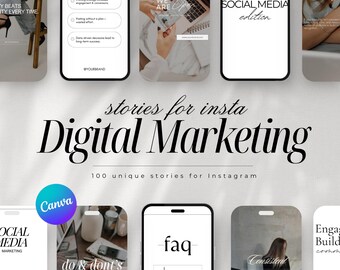 Może przedstawiać: Zbiór szablonów historii na Instagramie do marketingu cyfrowego. Szablony prezentują różnorodne projekty, w tym czarno-białą ilustrację laptopa, czarno-białą ilustrację telefonu i czarno-białą ilustrację osoby. Tekst "stories for insta Digital Marketing" jest wyświetlany dużą czcionką u góry obrazu. Tekst "100 unique stories for Instagram" jest wyświetlany mniejszą czcionką pod głównym tekstem.